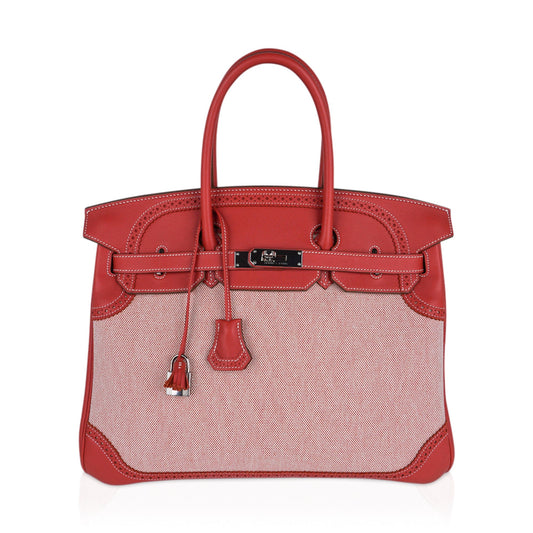 Limited Edition Birkin 35 Ghillies Bag Sanguine Toile and Swift Leather with Palladium Hardware