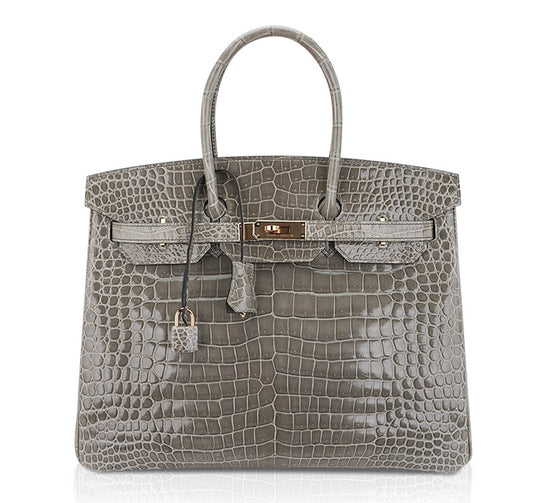 Birkin 35 Bag Gris Tourterelle Porosus Crocodile with Gold Hardware