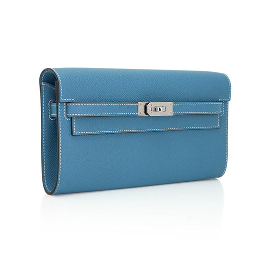 Kelly Classique To Go Wallet New Blue Jean Epsom with Palladium Hardware
