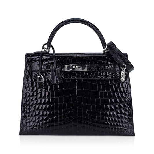 Kelly 32 Sellier Bag Black Crocodile with Palladium Hardware