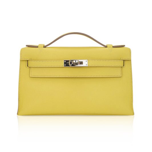 Kelly Pochette Clutch Bag Jaune De Naples Swift Leather with Palladium Hardware